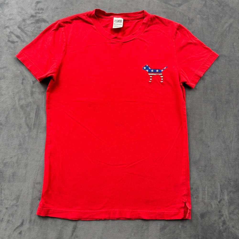 Pink Victoria's Secret Red Sequin American Flag Dog T-Shirt XS Patriotic